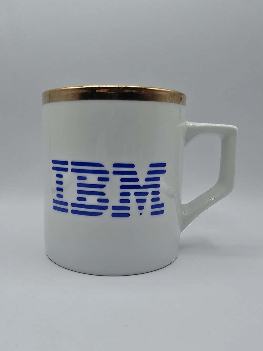 VTG IBM Suggestion Plan Mug Gold Rim, White w/Blue Logo, Corporate Coffee Cup